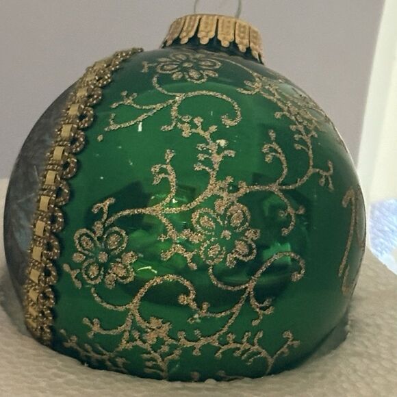 Krebs 1997 Christmas Glass Ball Santa on Silk Germany Green Gold - Picture 3 of 4